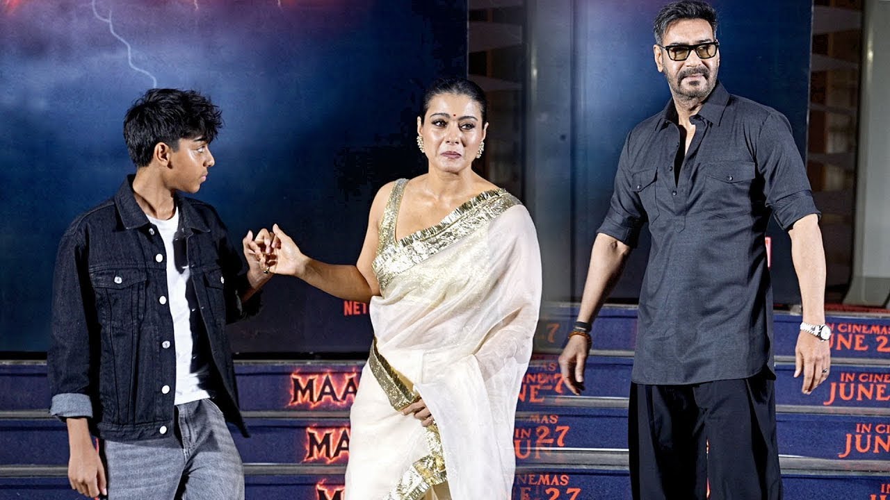 Kajol poses at Maa premiere with son Yug, Ajay Devgn makes solo entry
